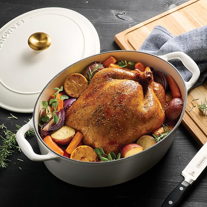 Tramontina Bestow Enameled Cast Iron Oval Dutch Oven Pot with Lid, Large 7-quart, Latte (Gold Knob)