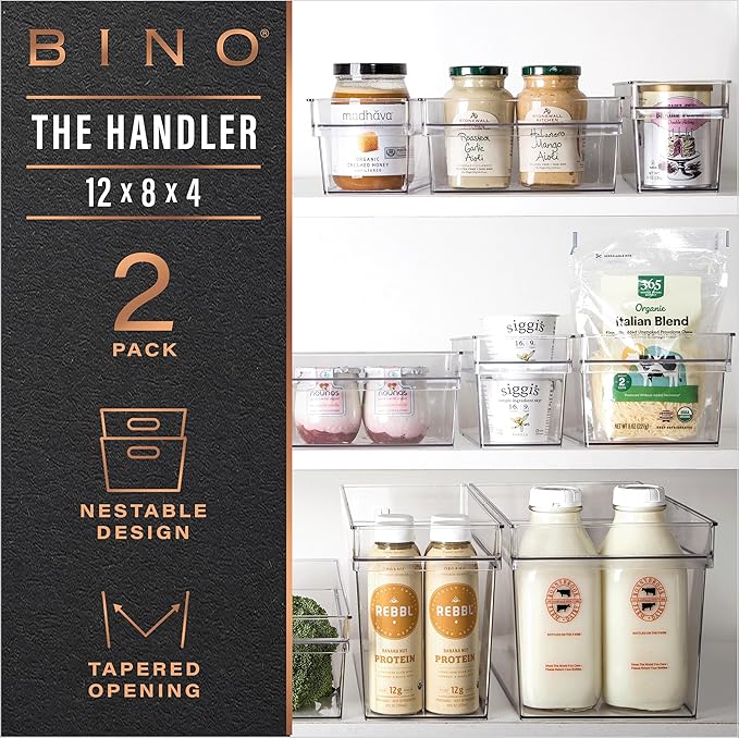 BINO | Plastic Storage Bins, Large - Shallow | THE HANDLER COLLECTION | Multipurpose Organizer Bins | Kitchen Pantry Organizers and Storage | Clear Containers for Organizing Home | Freezer Organizer
