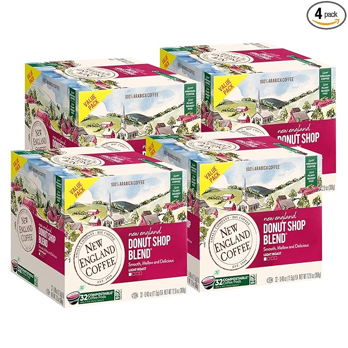 New England Coffee Donut Shop Blend Light Roast Single Serve Pods, 32ct Box (Pack of 4)