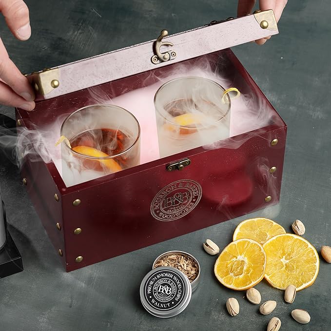 BOURBON&BARREL Cocktail Smoker Kit | Crafted with Walnut Wood | Whiskey Smoker Kit with Instant Smoker, Smoking Box, Food Tray and 4 Varieties of Wood Chips | Old Fashioned Smoker [Cherry Stain]