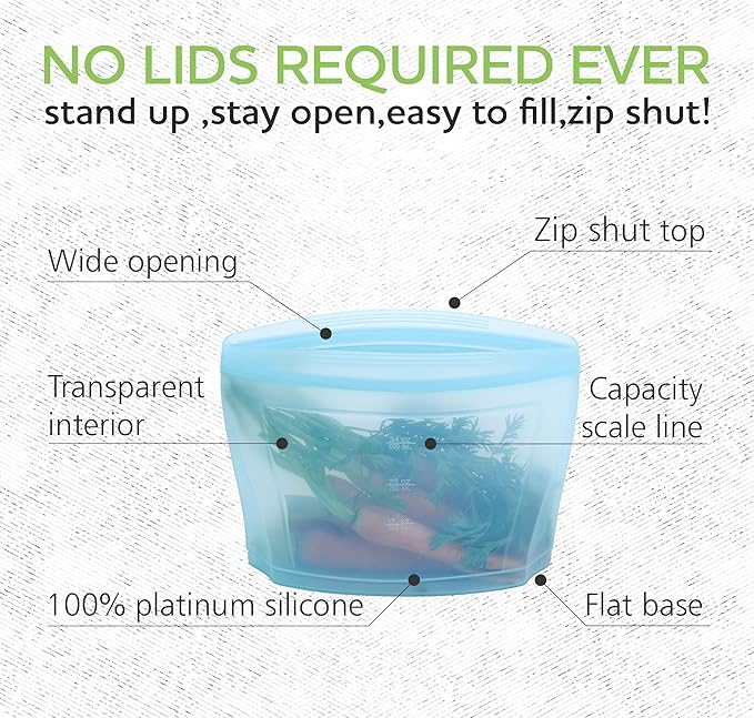 Reusable food container, silicone bag, 6 Pcs Zip Containers Can be used for fruit and vegetable snacks, etc. Microwave Dishwasher and Freezer Usable (blue)…