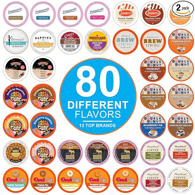 Crazy Cups Flavored Coffee Pods Variety Pack for Keurig K Cups Brewers, Assorted Flavored Coffee Sampler, 80 Count