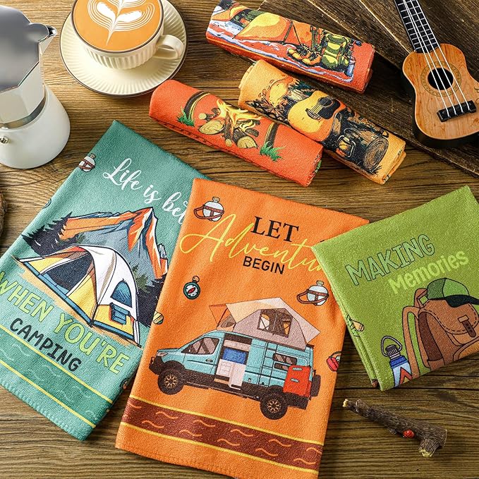 Boyiee Set of 6 Camping Kitchen Towels Absorbent Dishcloths Bonfire Tent Car Tea Towels 24 x 16 Inches with Funny Sayings Novelty Gifts for Campers Happy Camper Camping Accessories for Rv Campers