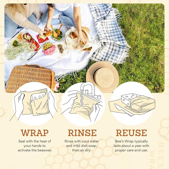 Bee's Wrap Vegan Beeswax Wraps for Food - Vegan Meadow Magic 3 Pack (2M 1 Sandwich) Made in USA Reusable & Organic Food Wraps, Sandwich Wrap - Eco-Friendly Alternative to Aluminum Foil & Plastic Wrap