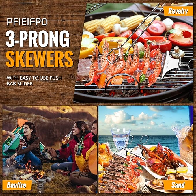 Grilling Savant 3 Way Skewers,14 Inch Metal Skewers for Grilling,Easy to Use Push Bar Slider, BBQ Accessory, Perfect for Meat,Veggies,Fruits,Marshmallow Roasting Sticks Grill Kabob Skewer.