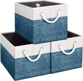 Fab totes Storage Bins [3-Pack], Foldable Storage Baskets for Organizing Toys, Books, Shelves, Closet, Large Storage Box with Rope Handles, Sturdy Organizer Bins, White & Blue