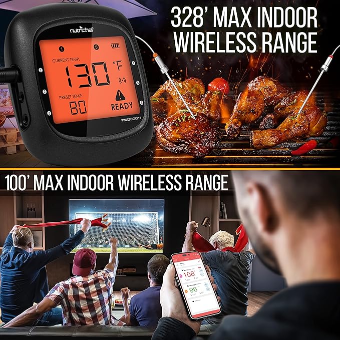 NutriChef Smart Bluetooth BBQ Thermometer with Travel Zip Case, Upgraded Stainless w/ 2 Temperature Probes, LCD Display, Done Alarm Android iPhone, Gas Charcoal BBQ Smoker Temp Monitoring