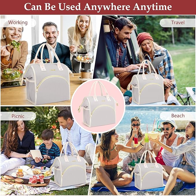 LOKASS Lunch Bag Women Insulated Lunch Box Wide-Open Lunch Tote Bag Large Cooler Bag for Work Picnic Hiking Beach（Light Gray）