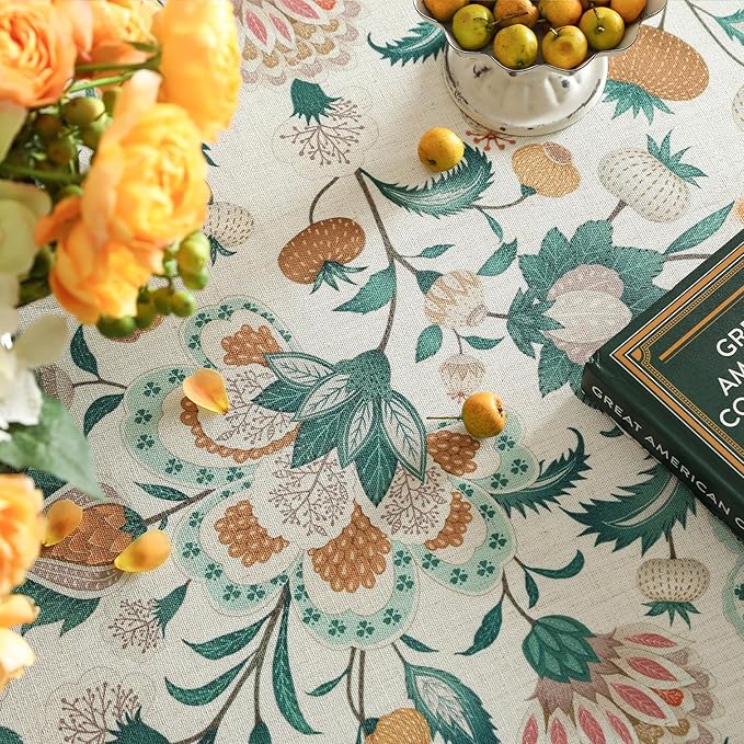 patdrea Designer Linen Green Small Cloth for Rectangle Table,Vintage Italian Floral Country Linen Tablecloth,Decor Cover for Kitchen Dining,Christmas,Thanksgiving,Tea Party,55"x71"-Tree Life