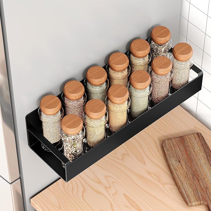 4 Pack Moveable Fridge Magnetic Spice Racks,Metal Black