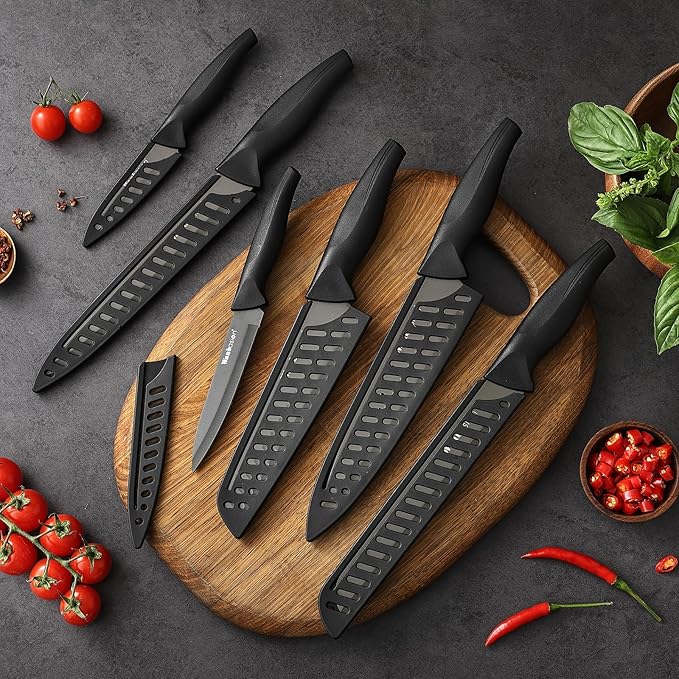 Wanbasion Black Professional Kitchen Knife Chef Set, Stainless Steel, Dishwasher Safe with Sheathes