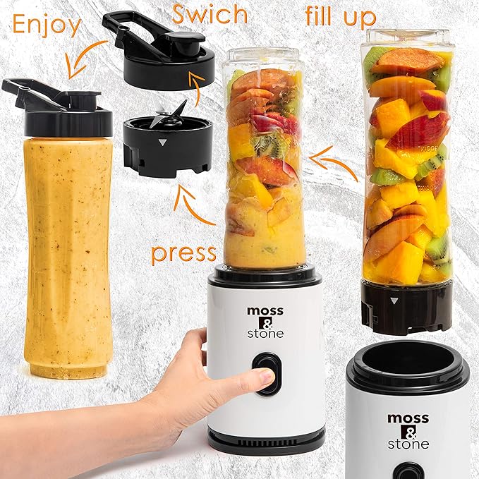 Moss & Stone Personal Blender Single Serve Shake & Smoothies Maker with Portable Travel Sport Bottle - Mini Juicer, White & Black Single Serve Blender for Smoothies and Shakes - Bottle 20 oz