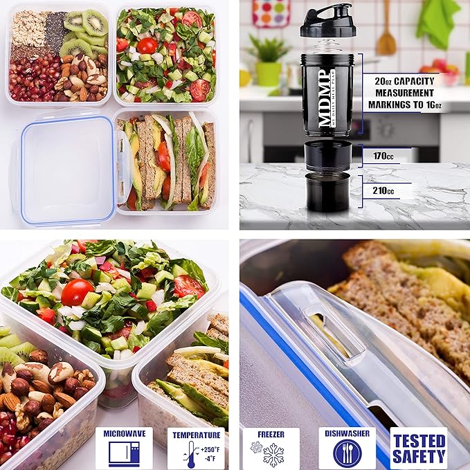 Meal Prep Lunch Bag/Box For Men, Women + 3 Large Food Containers (45 Oz.) + 2 Big Reusable Ice Packs + Shoulder Strap + Shaker With Storage. Insulated Lunchbox Cooler Portion Control Set (Black)