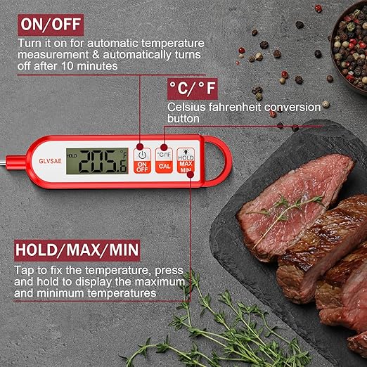 Digital Instant Read Meat Thermometer Waterproof Food Thermometer with 5.1 inch Long Probe for Food Cooking, Candy, BBQ, Liquid and Meat Temperature Measurement by GLVSAE (Red)