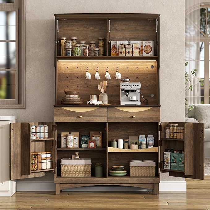 STO'SENSE 72’’ Kitchen Pantry Cabinet w/Power Outlets, Tall Storage Cabinet w/LED Light, FILP-up Door & Pegboard, Freestanding Kitchen Hutch w/Drawers, Solid Wood Handles (Walnut)