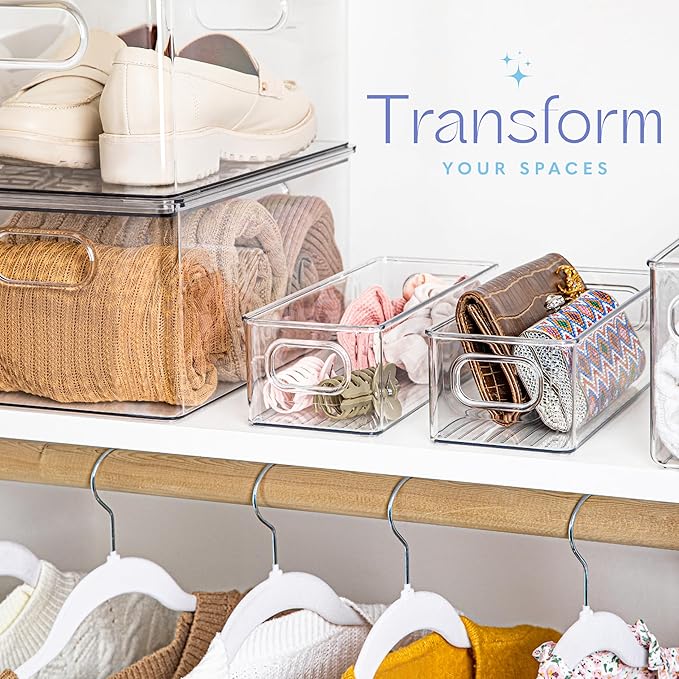 Plastic Food Storage 4 Pack Clear Container Bin with Handles for Organizing Kitchen, Pantry, Fridge, Freezer, Pantry,Bathroom. Stackable. 10"x4"3"