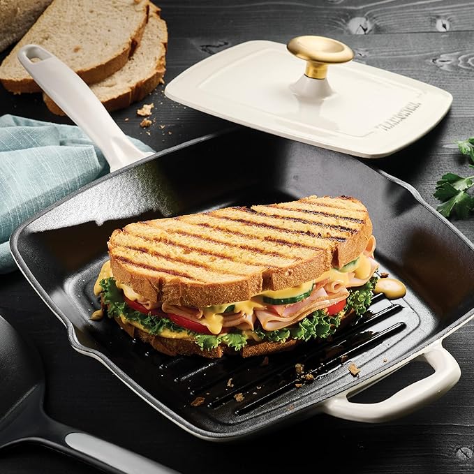 Tramontina Bestow Enameled Cast Iron Grill Pan with Press, 11-inch, Latte with Gold Knob