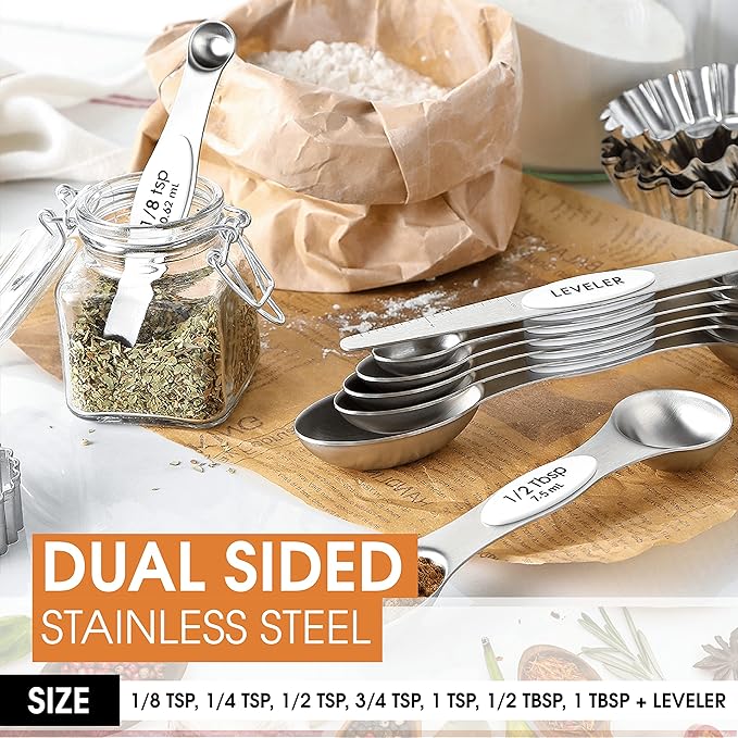 Spring Chef White Stainless Steel Magnetic Measuring Spoons Set of 8 with Leveler, Dual Sided Metal Teaspoon & Tablespoon Measuring Spoons, Fits in Spice Jars, Kitchen Gadgets for Baking & Cooking