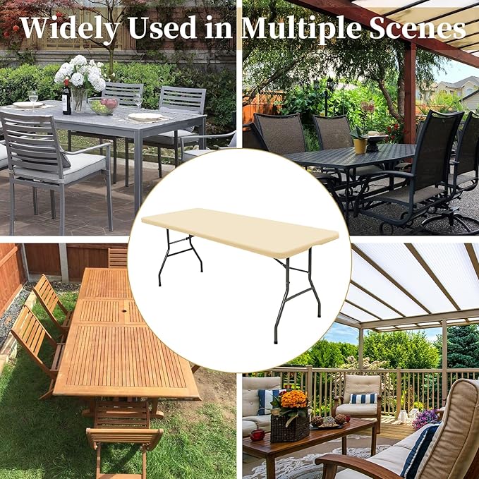 10 Pack Fitted Tablecloth for 6 Foot Rectangle Tables, Beige Elastic Outdoor Picnic Table Cover, Washable Stretch Folding Table Cloths 6 ft for Camping Party Patio Kitchen Banquet, 30" W x 72" L