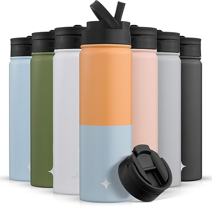 JoyJolt Triple Insulated Water Bottle with Straw Lid AND Flip Lid! 22oz Water Bottle, 12 Hour Hot/Cold Vacuum Insulated Stainless Steel Water Bottle. BPA-Free Leakproof Water Bottles - Thermos Bottle