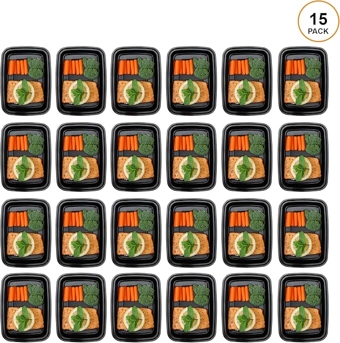 Freshware Meal Prep Containers [15 Pack] 1 Compartment Food Storage Containers with Lids, Bento Box, BPA Free, Stackable, Microwave/Dishwasher/Freezer Safe (28 oz) Black