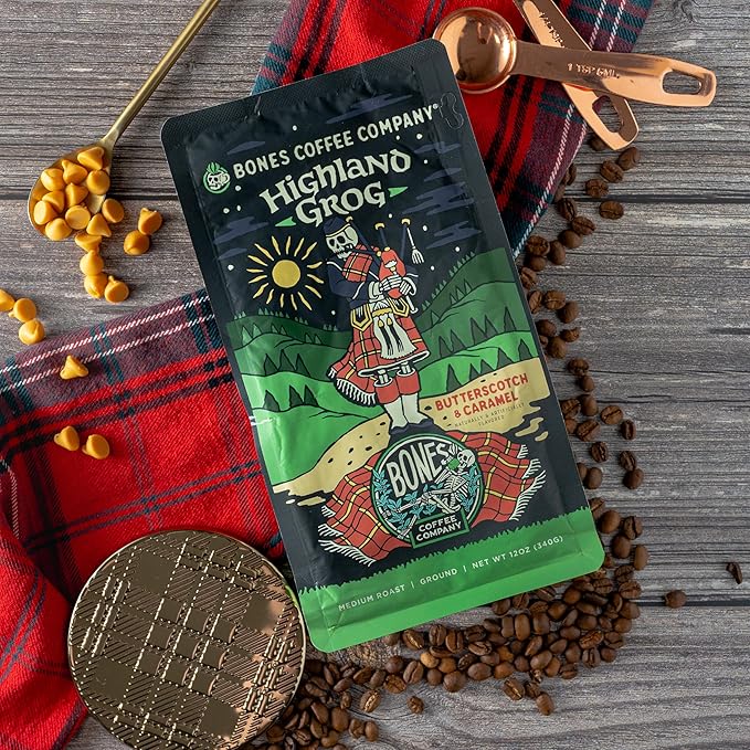 Bones Coffee Company Highland Grog, Butterscotch Caramel Flavored Coffee, Medium Roast Low Acid Arabica Beans Compatible with Auto drip and French Press Coffee Maker, 12 Oz Ground