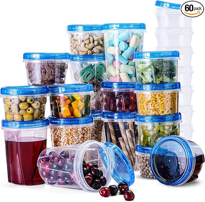 RFAQK Freezer Storage Containers with Lids-12 Plastic 32 oz Deli Containers with 12 Screw Lids-Freezer Containers for Soup with Twist Top Lids-Reusable Plastic Box for Lunch, Gym, Travel (48pcs-Mix)