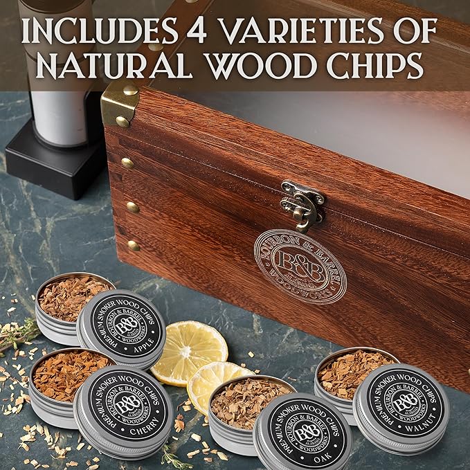 BOURBON&BARREL Cocktail Smoker Kit | Crafted with Walnut Wood | Whiskey Smoker Kit with Instant Smoker, Smoking Box, Food Tray and 4 Varieties of Wood Chips | Old Fashioned Drink Smoker [Walnut]