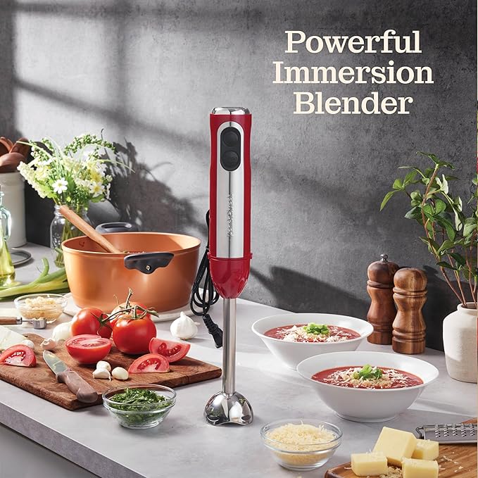 Powerful Immersion Blender, Electric Hand Blender 500 Watt with Turbo Mode, Detachable Base. Handheld Kitchen Blender Stick for Soup, Smoothie, Puree, Baby Food, 304 Stainless Steel Blades (Red)