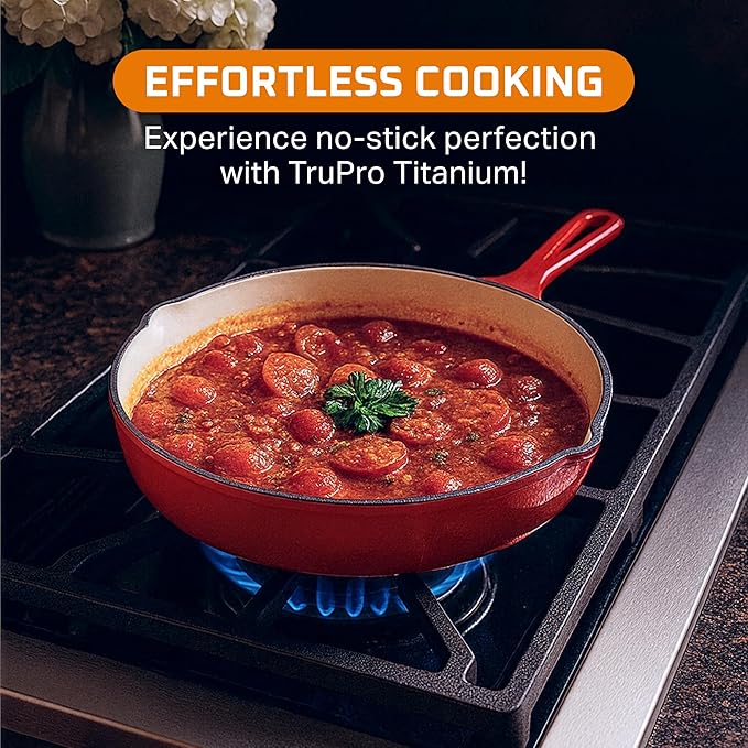 Bruntmor Set of 3 Enameled Cast Iron Skillets - Includes 8, 10, and 12 Inch Cast Iron Pan with Ceramic Nonstick Coating and Tempered Glass Lid - Durable Cookware for Frying, Baking, and Grilling - Red