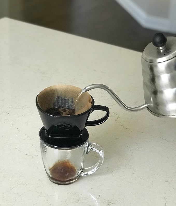 Simply Charmed Coffee Pour Over Single Cup Ceramic Brewer Coffee Maker with Melitta Filters (Black) 8-16 oz Depending on How Much Water/Grounds You Use