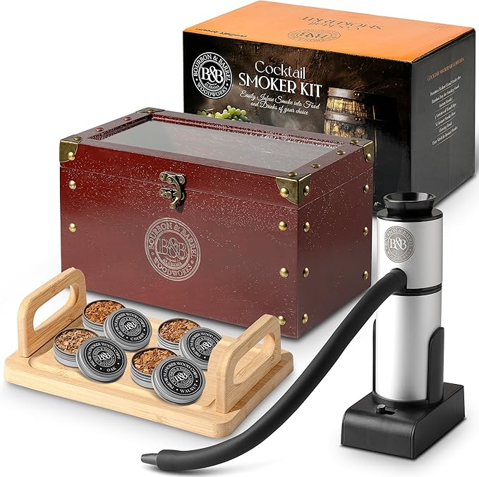 BOURBON&BARREL Cocktail Smoker Kit | Crafted with Walnut Wood | Whiskey Smoker Kit with Instant Smoker, Smoking Box, Food Tray and 4 Varieties of Wood Chips | Old Fashioned Smoker [Cherry Stain]