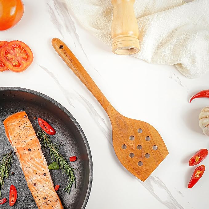 Teak Wooden Spatula for Cooking – Natural Non-Stick, Handcrafted Kitchen Utensils with Round Slotted Turner, Comfort Grip & Microfiber Cloth