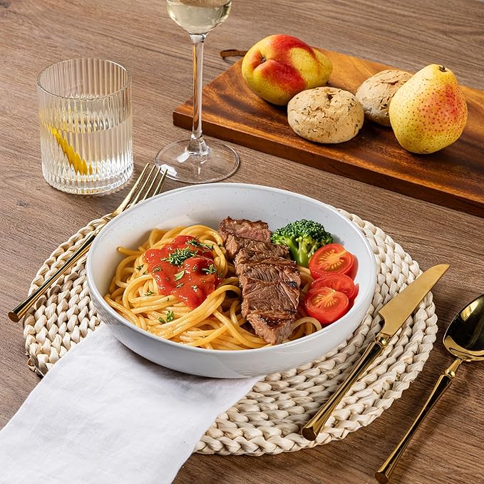 AmorArc Ceramic Dinnerware Sets with Pasta Bowls for 8, Handpainted Plates and Bowls Set with Rustic Terracotta Underside, Scratch Resistant Dishes Set, Dishwasher & Microwave Safe, 32 Pcs