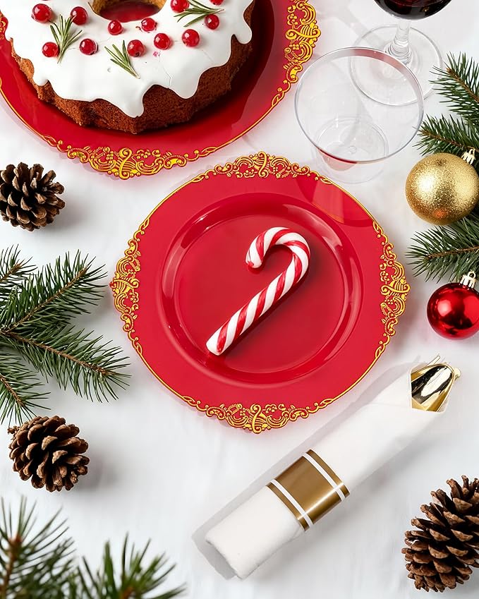 Nervure 350PCS Red Plastic Plates - Red Gold Plastic Dinnerware Sets for 50 Guests - 100 Gold Disposable Plates, 50 Pre Rolled Silverware Sets, 50 Cups Perfect for Wedding & Party & Christmas