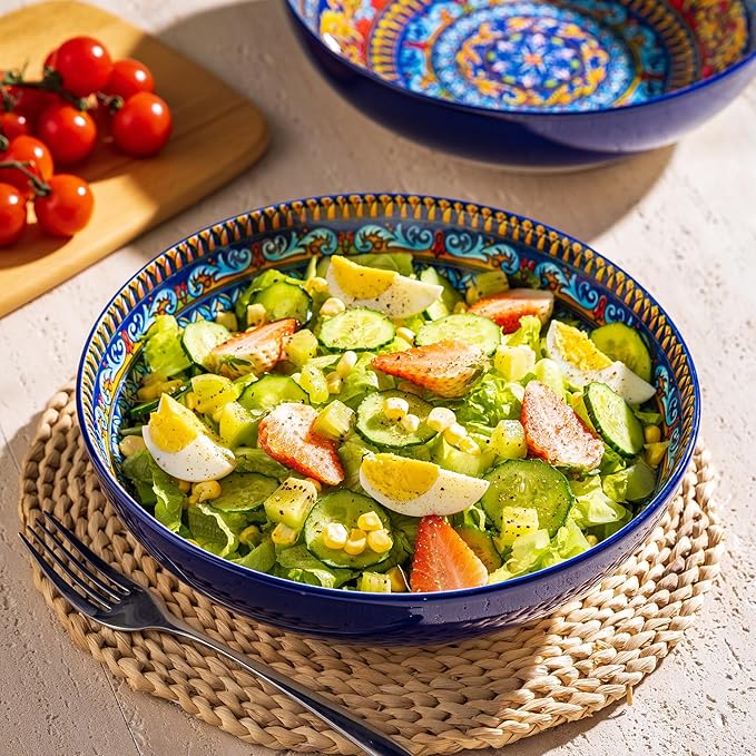 Large Serving Bowls Set of 2, Bohemian Style 10" Large Ceramic Bowls for Entertaining and Party, Bowls for Pasta Soup Fruit Ramen Cereal, Dishwasher Oven Safe