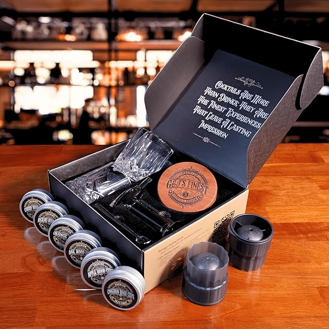 Whiskey Smoker Kit | Cocktail Smoker Kit| Bourbon Smoker Kit| Old Fashioned Smoker Kit with Torch & Glasses, 6 Wood Chips & Gift Box for Smoking Drinks| Whiskey Gift for Men (No Butane Incl.)