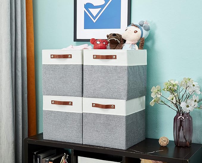 DECOMOMO Fabric Cube Storage Bins - Storage Baskets for Shelves, Cube Storage Organizer for Kallax and Cubbies (Grey & White, 13 inch Cube) - 4 Pack
