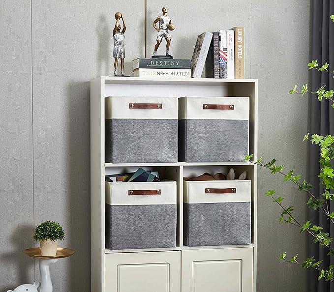 DECOMOMO Fabric Cube Storage Bins - Storage Baskets for Shelves, Cube Storage Organizer for Kallax and Cubbies (Grey & White, 11 inch Cube) - 4 Pack