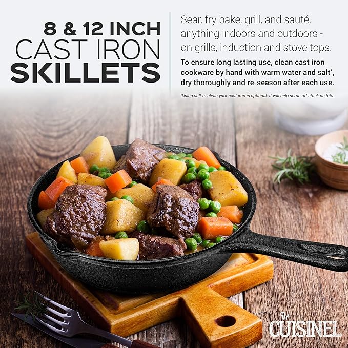 Cast Iron Skillet Set - 8" + 12"-Inch Frying Pan - Pre-Seasoned Oven Safe Cookware + 2 Heat-Resistant Handle Holder Grips - Indoor/Outdoor Use - Grill, Stovetop, BBQ, Camping Fire Pit, Induction Safe