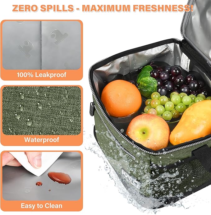 Tirrinia Insulated Lunch Box for Men/Women, Leakproof Lunch Bag for School Work, Large Lunch Tote Kids Boys Girls Student Back to School, Soft Cooler Office Picnic Beach Camping for Adults,Green