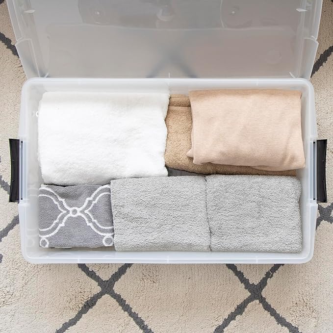 IRIS USA 40 Qt Plastic Under Bed Storage Nestable Organizer Bin Container with Secure Lids and Durable Buckles, 3-Pack, Under Bed Storage Containers for Clothes Shoes Bedding, Black/Clear