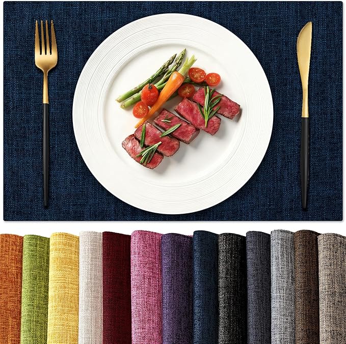 KXN Placemats Set of 8, Dual-Layer Thickened Faux Linen Table Mats, Heat Resistant & Wrinkle-Free, Machine Washable Cloth Place Mats for Kitchen Dining Indoor Outdoor (Navy Blue)