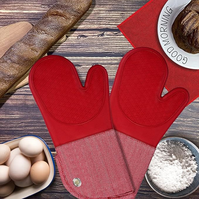 Professional Microwave Silicone Oven Mitts one Pair, Kitchen Mitten Set for Heat Resistant with 500 Degrees, Kitchen Gloves Pot Holder for BBQ Cooking Baking (Red)