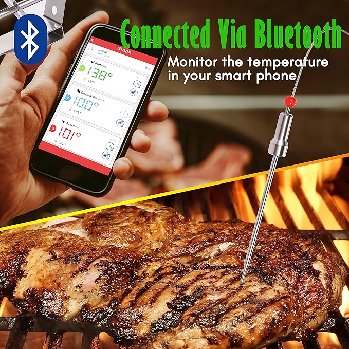 NutriChef Smart Bluetooth BBQ Thermometer with Travel Zip Case, Upgraded Stainless w/ 2 Temperature Probes, LCD Display, Done Alarm Android iPhone, Gas Charcoal BBQ Smoker Temp Monitoring