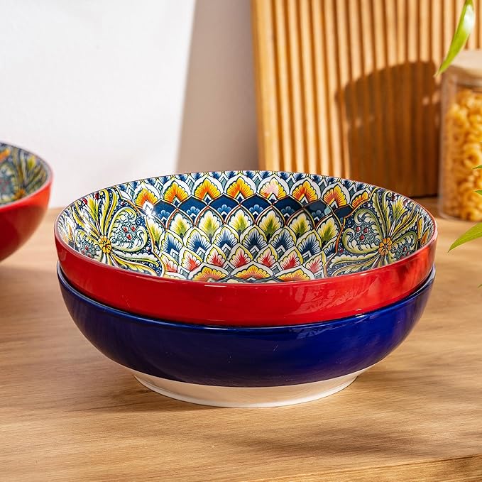 Red & Blue Large Serving Bowls Set of 2, Bohemian Style 10" Large Ceramic Bowls for Entertaining and Party, Bowls for Pasta Soup Fruit Ramen Cereal, Dishwasher Oven Safe