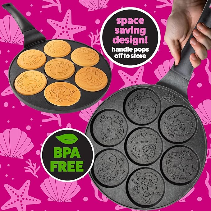 Mermaid Mini Pancake Pan - Make 7 Different Flapjack Mermaids, Nonstick Pan Cake Maker Griddle w Long Handle for Under the Sea Fun & Easy Cleanup, Unique Gift for Girls- Great for Breakfast or Brunch