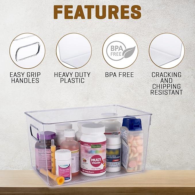 Clear Plastic Storage Bins, Perfect for Kitchen Organization or Pantry Organization and Storage, Laundry Room, Fridge, Freezer Organizer Plastic Storage Containers for Organizing, Cabinet Organizers