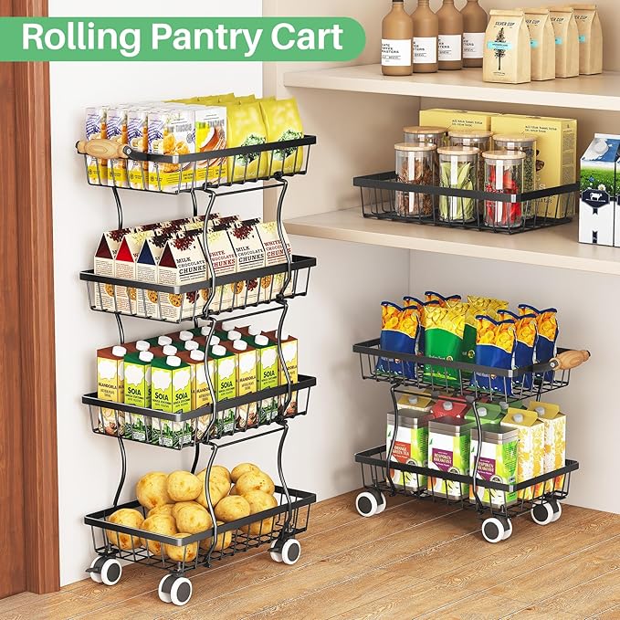 Fruit Basket Kitchen Pantry Organizers and Storage - 4 Tier Stackable Metal Wire Basket Stand for Fruit Vegetable Snacks Jars Bins Containers Organization, Black