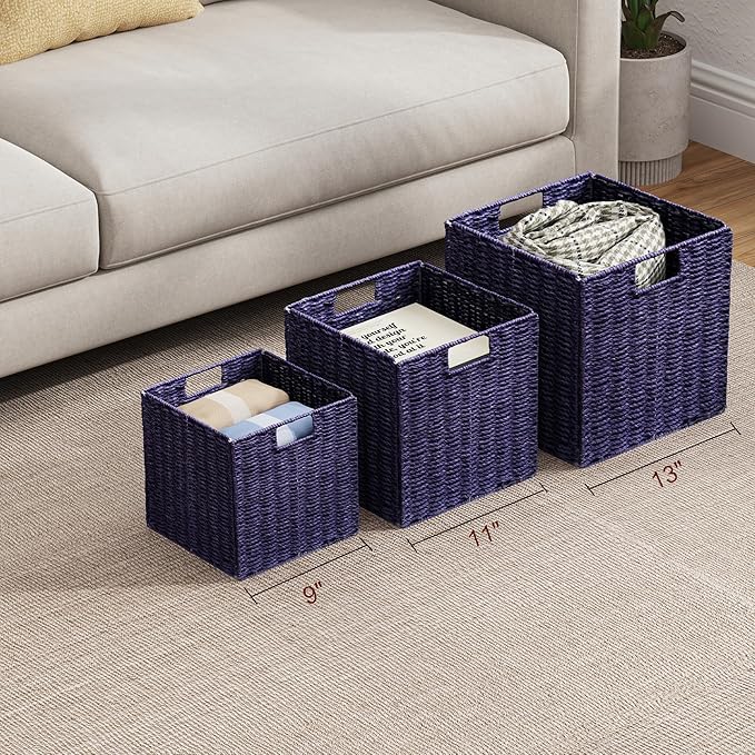 Vagusicc Wicker Storage Basket, Set of 2 Hand-Woven Wicker Basket, 11 inch Storage Basket, Foldable Cube Storage Organizer Bins, Storage Baskets for Organizing Shelves Decor, Purple (11″×11″×11″)